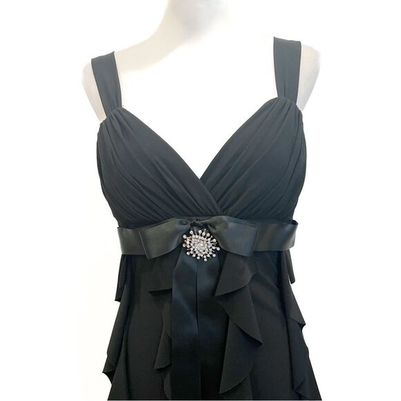 Cache Black Ruffle Cocktail Dress Ruched Sweetheart Satin Jewel Waist Accent 10 - Picture 7 of 12